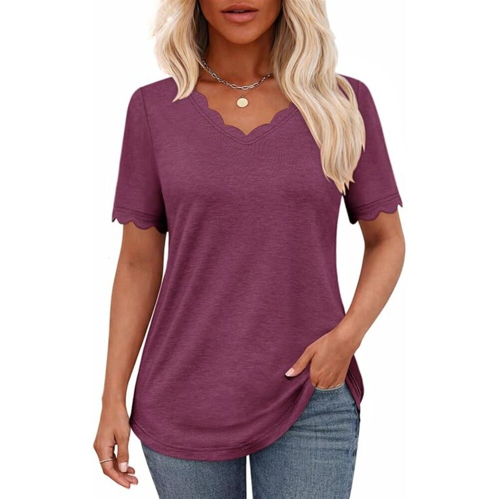 Fuchsia Scalloped V Neck Short Sleeve Top, Small, 11F-196T013
